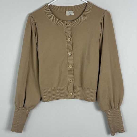Aritzia Wilfred Alessia Puff Sleeve Cardigan Taupe Beige Sand Womens Size Large - Picture 15 of 16